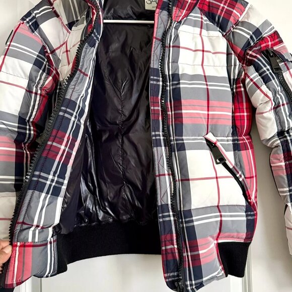 SAM Goose Down Short Puffer Jacket in Red Check Multi Size S - Picture 4 of 12